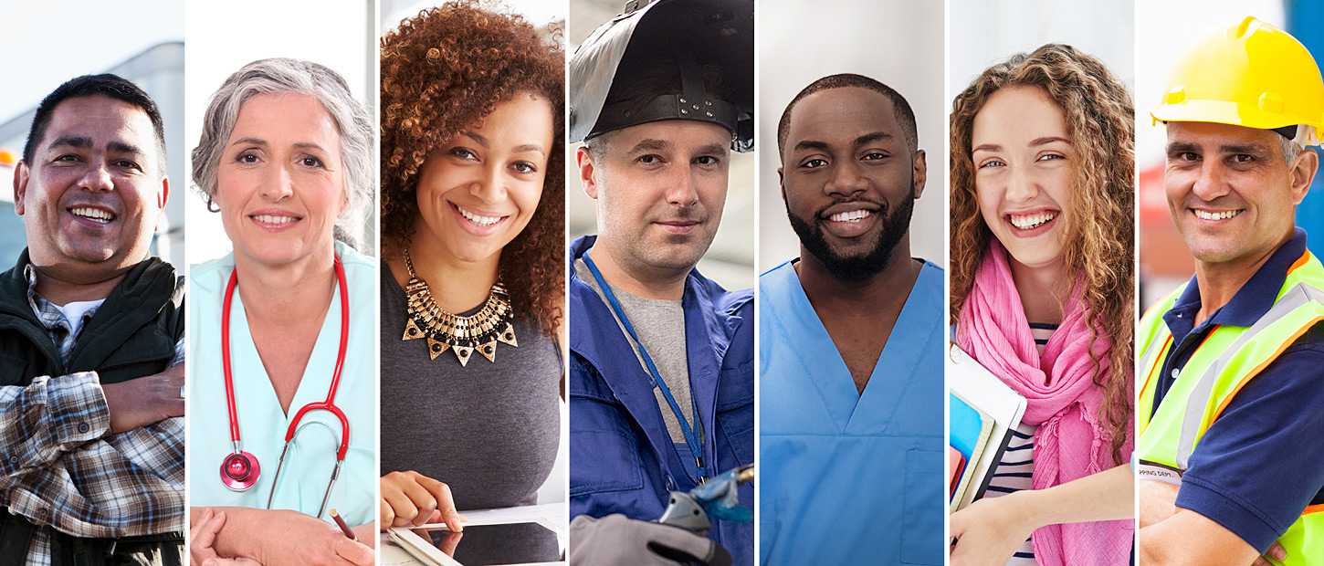 People of various occupations are shown in a collage of images.